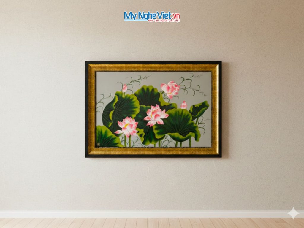 Tranh sơn mài hoa sen độc bản đắp nổi