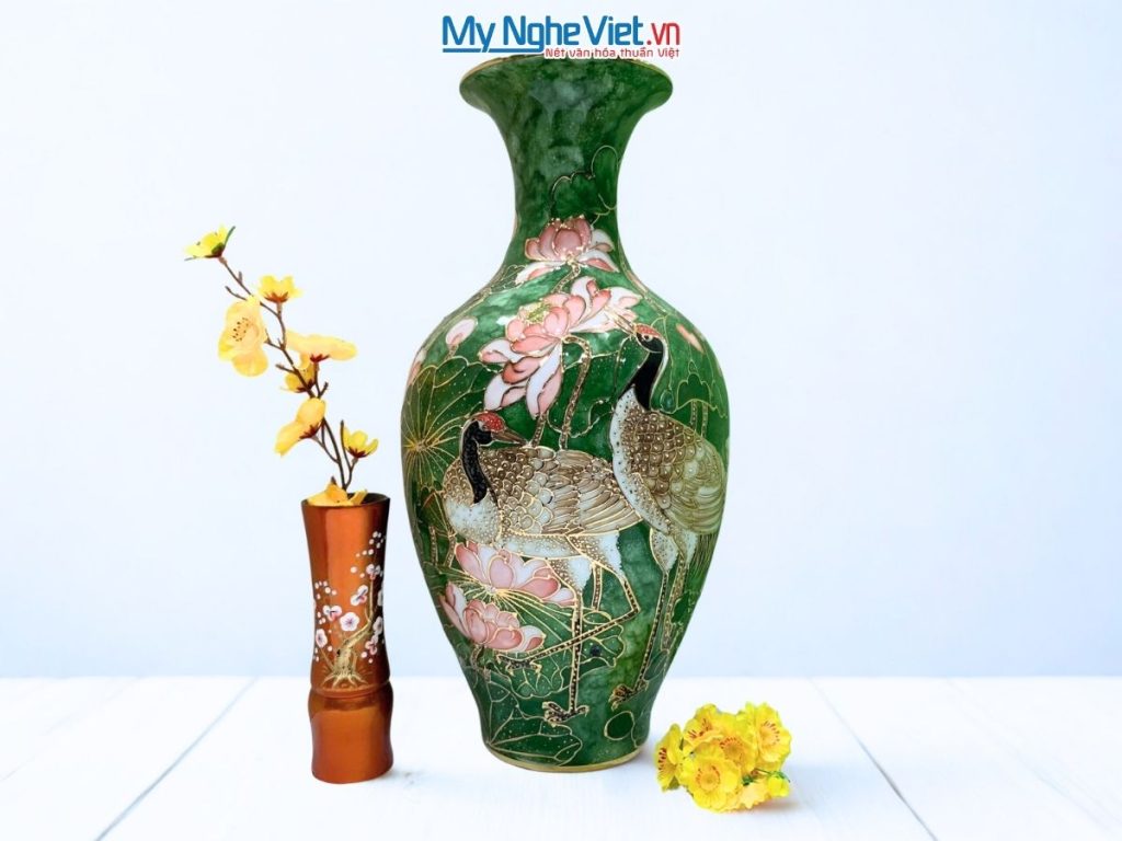 Bình Thu tài dáng cao vẽ vàng kim hạc sen và hộp xi