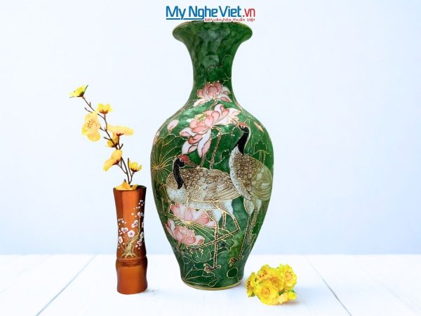 Bình Thu tài dáng cao vẽ vàng kim hạc sen và hộp xi
