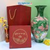 Bình hoa gốm Bát Tràng dáng lục bình vẽ hoa mẫu đơn và hoa đào đắp nổi