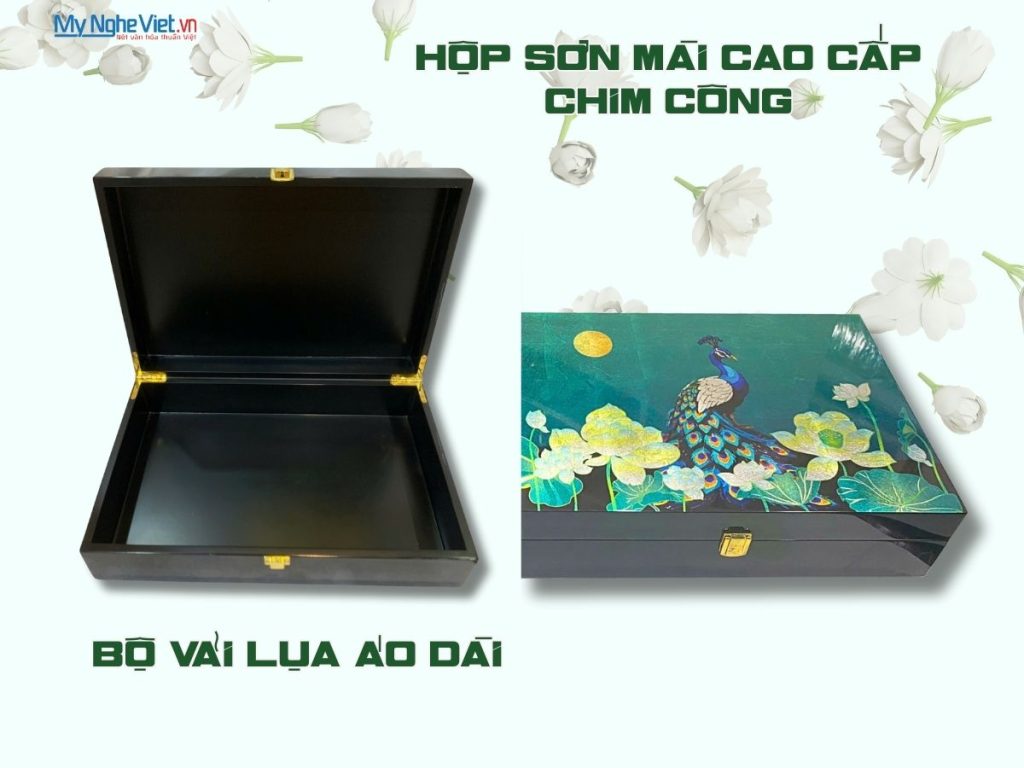 Combo hộp sơn mài cao cấp chim công nền xanh và bộ lụa vải áo dài