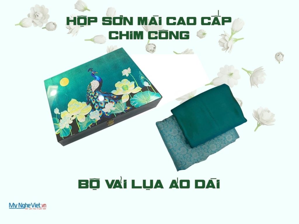 Combo hộp sơn mài cao cấp chim công nền xanh và bộ lụa vải áo dài