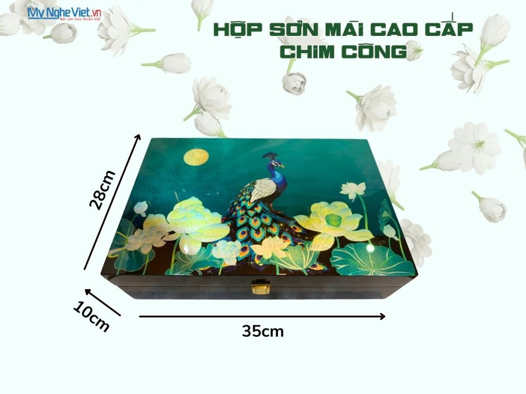 Combo hộp sơn mài cao cấp chim công nền xanh và bộ lụa vải áo dài