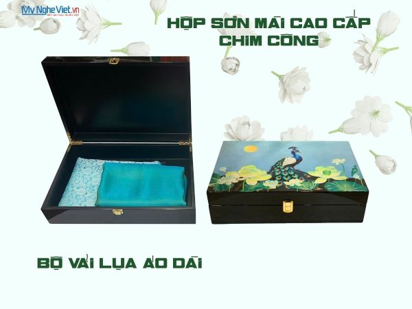 Combo hộp sơn mài cao cấp chim công nền bạc và bộ lụa vải áo dài