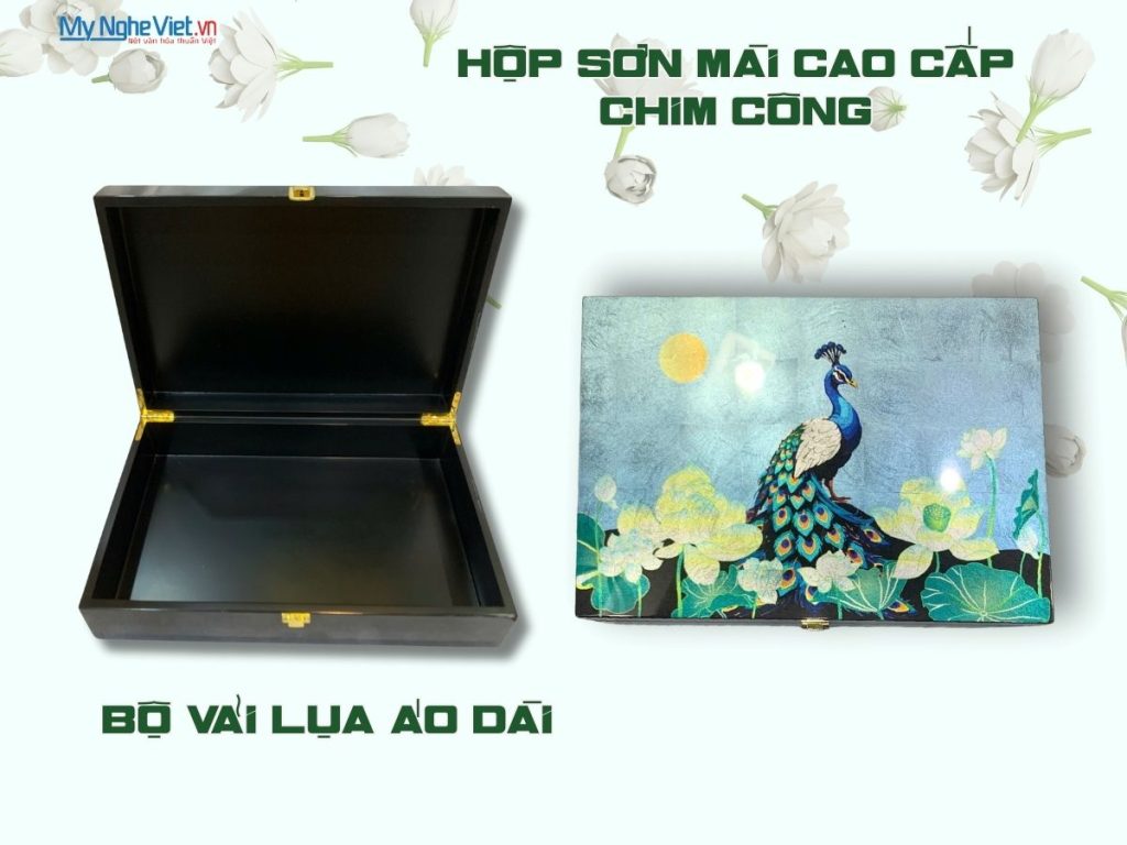 Combo hộp sơn mài cao cấp chim công nền bạc và bộ lụa vải áo dài