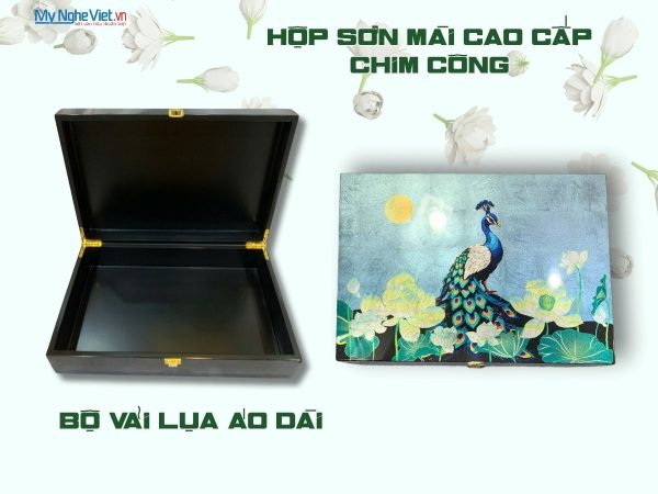 Combo hộp sơn mài cao cấp chim công nền bạc và bộ lụa vải áo dài