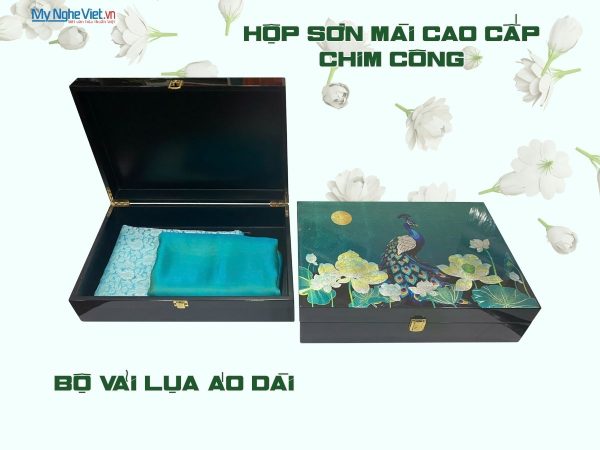 Combo hộp sơn mài cao cấp chim công nền xanh và bộ lụa vải áo dài