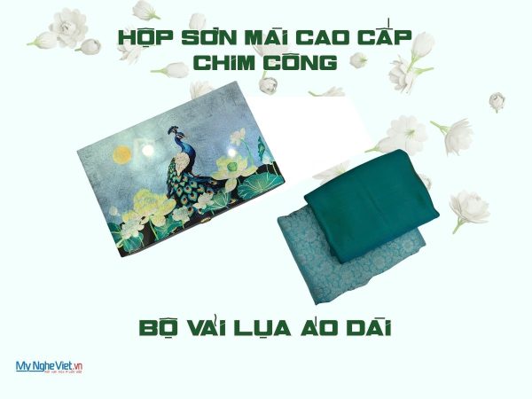 Combo hộp sơn mài cao cấp chim công nền bạc và bộ lụa vải áo dài