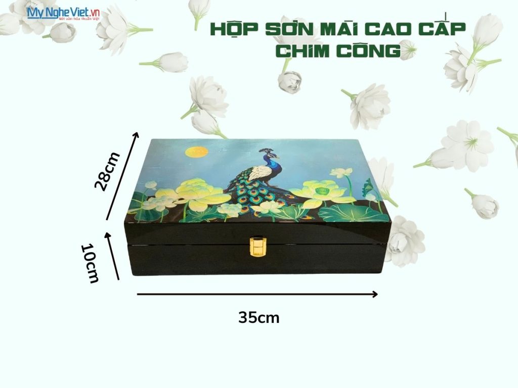Combo hộp sơn mài cao cấp chim công nền bạc và bộ lụa vải áo dài