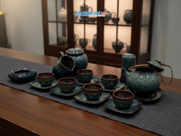 Bộ Bình Trà Gốm Bát Tràng Hỏa Biến Men Xanh Và Phụ Kiện