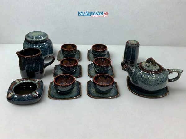 Bộ Bình Trà Phụ Kiện Hỏa Biến Men Xanh Quai Sứ