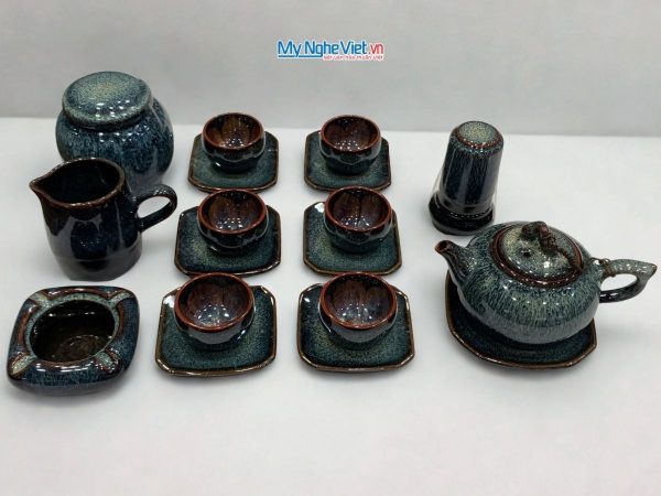 Bộ Bình Trà Phụ Kiện Hỏa Biến Men Xanh Quai Sứ