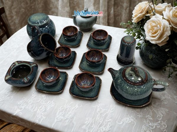 Bộ Bình Trà Phụ Kiện Hỏa Biến Men Xanh Quai Sứ