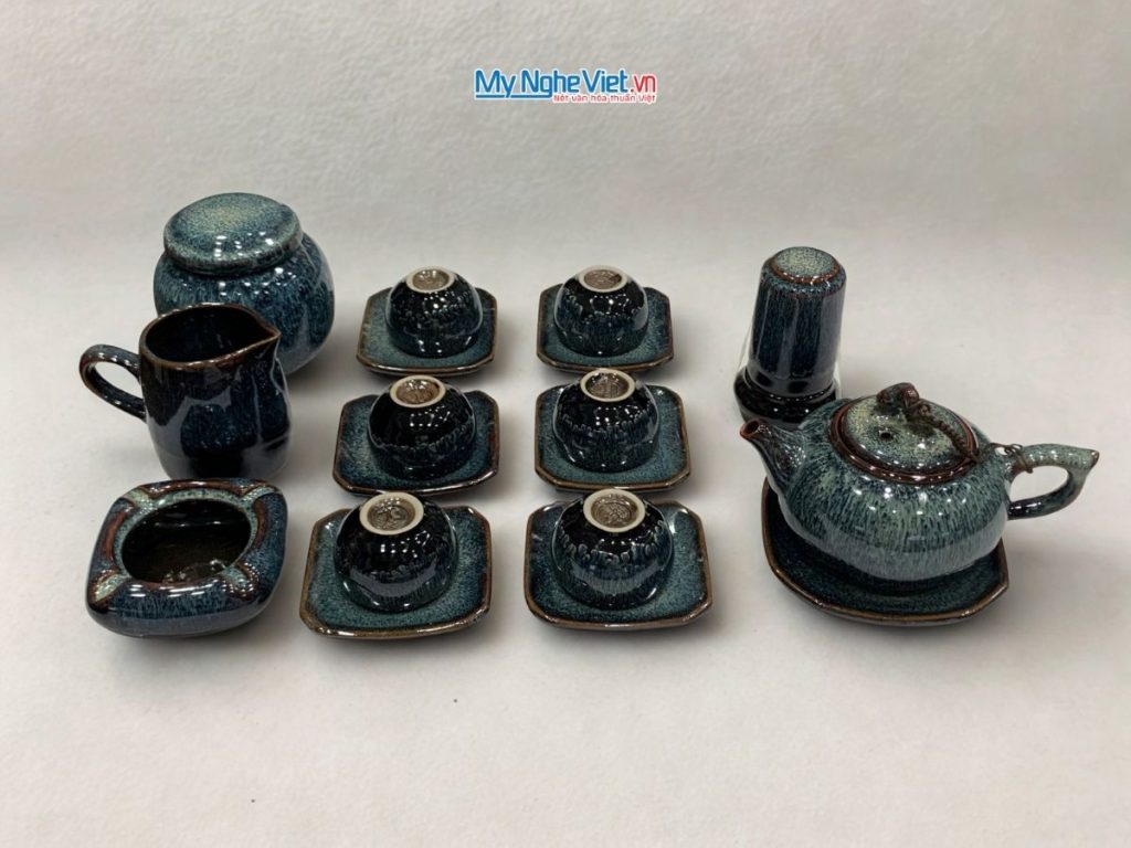 Bộ Bình Trà Phụ Kiện Hỏa Biến Men Xanh Quai Sứ