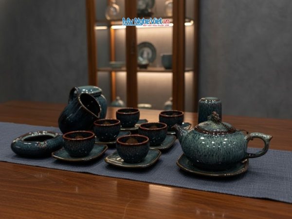 Bộ Bình Trà Gốm Bát Tràng Hỏa Biến Men Xanh Và Phụ Kiện