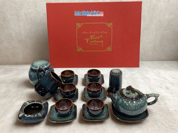 Bộ Bình Trà Phụ Kiện Hỏa Biến Men Xanh Quai Sứ