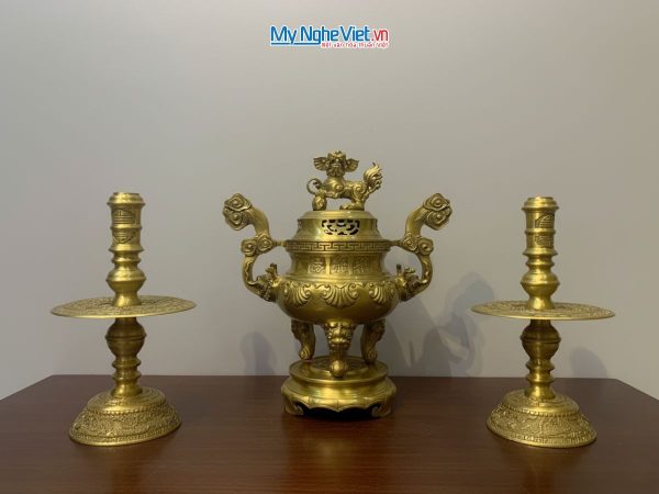 Bộ Tam Sự Bằng Đồng Vàng Đậm Chạm Hoa Sòi