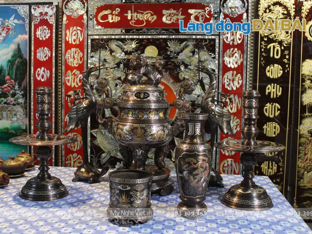 Bộ ngũ sự bằng đồng khảm ngũ sắc 5 chữ vàng cao cấp