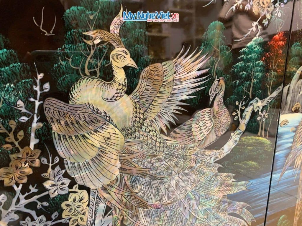 Tranh bộ sơn mài công gà chim két