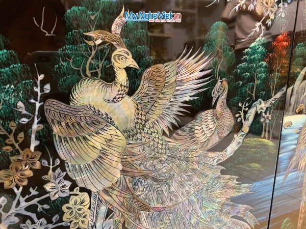 Tranh bộ sơn mài công gà chim két