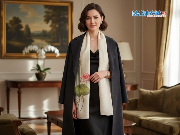 Khăn lụa đũi 100% tơ tằm họa tiết hoa sen thêu tay cao cấp