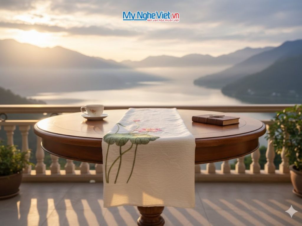 Khăn lụa đũi 100% tơ tằm họa tiết hoa sen thêu tay cao cấp