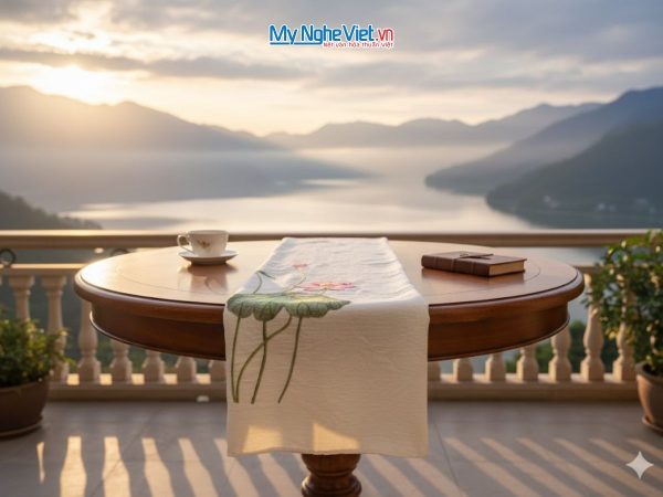 Khăn lụa đũi 100% tơ tằm họa tiết hoa sen thêu tay cao cấp