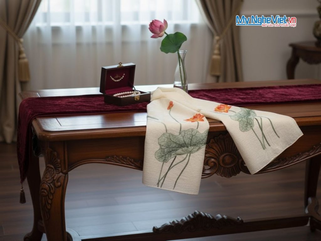 Khăn lụa đũi 100% tơ tằm họa tiết hoa sen thêu tay