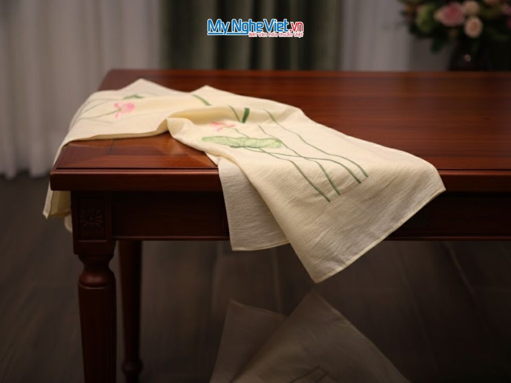 Khăn lụa đũi 100% tơ tằm họa tiết hoa sen thêu tay cao cấp