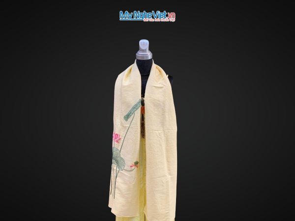 Khăn lụa đũi 100% tơ tằm họa tiết hoa sen thêu tay cao cấp