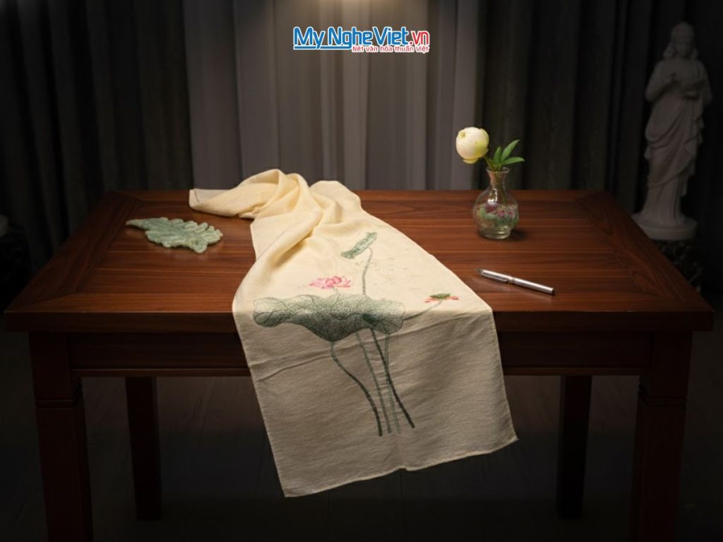 Khăn lụa đũi 100% tơ tằm họa tiết hoa sen thêu tay cao cấp