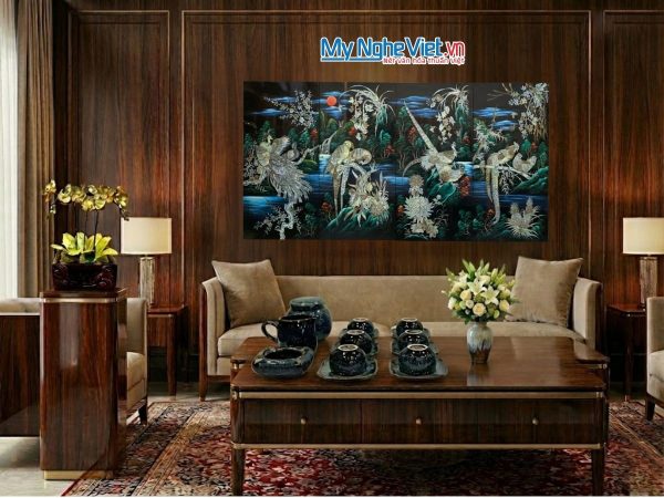 Tranh bộ sơn mài công gà chim két cẩn ốc TSM5106-1 - Quà biếu cao cấp