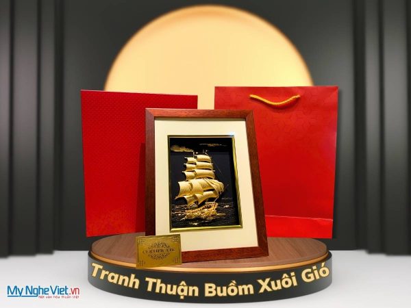 Tranh đồng dát vàng thuyền thuận buồm và hộp quà tặng cao cấp TD239-1