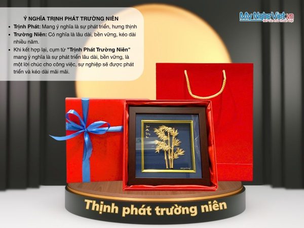 Tranh Đồng Tre trúc dát vàng nền xanh để bàn 24k và Hộp quà tặng cao cấp