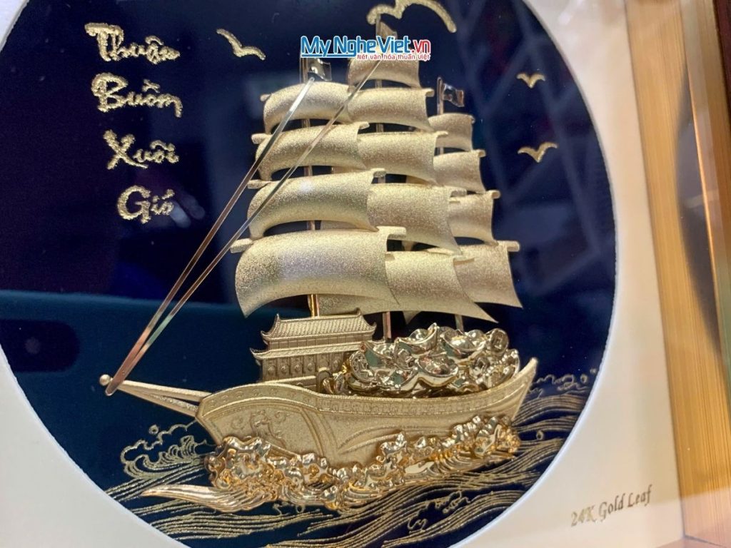 Tranh đồng thuận buồm dát vàng 24k nền xanh
