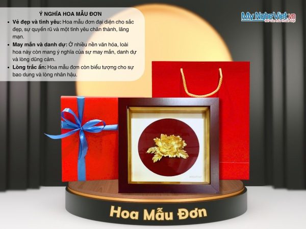 Tranh Đồng Hoa Mẫu Đơn Dát Vàng 24K Nền Đỏ Và Hộp Quà Tặng Cao Cấp