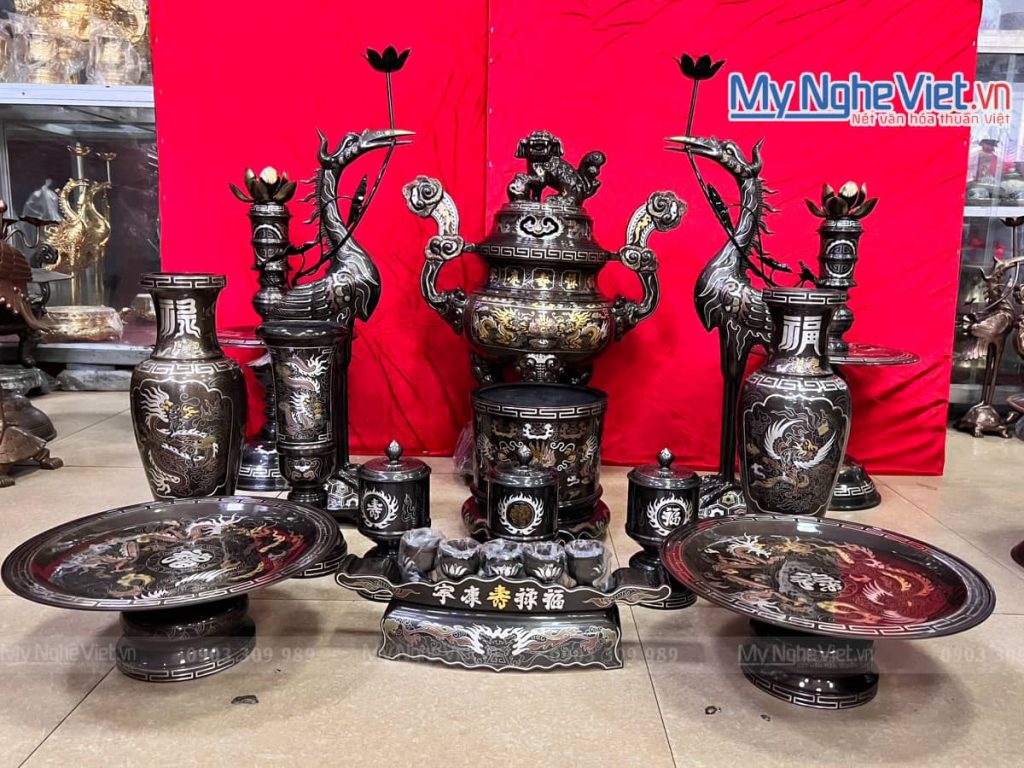 Bộ ngũ sự bằng đồng khảm ngũ sắc 5 chữ vàng cao cấp