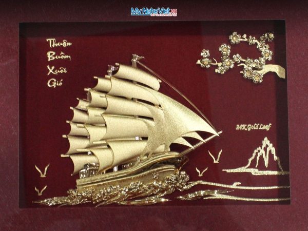 Tranh đồng thuận buồm dát vàng 24k nền đỏ