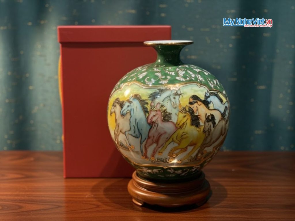 Bình thu tài hút lộc gốm Bát Tràng vẽ mã đáo thành công đắp nổi