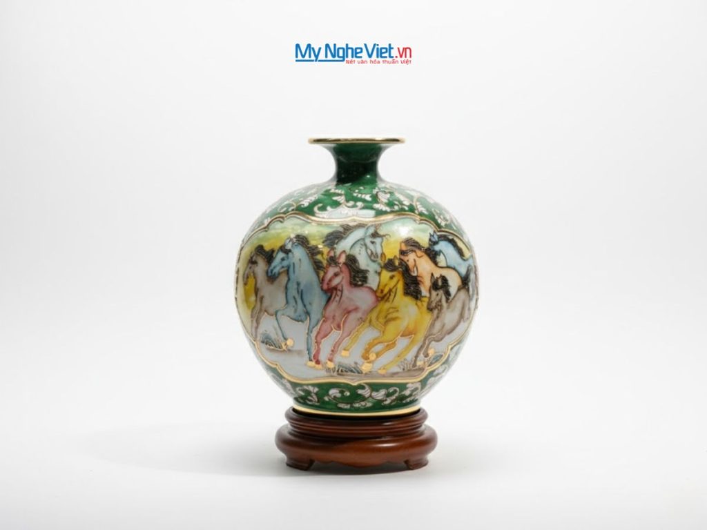 Bình thu tài hút lộc gốm Bát Tràng vẽ mã đáo thành công đắp nổi