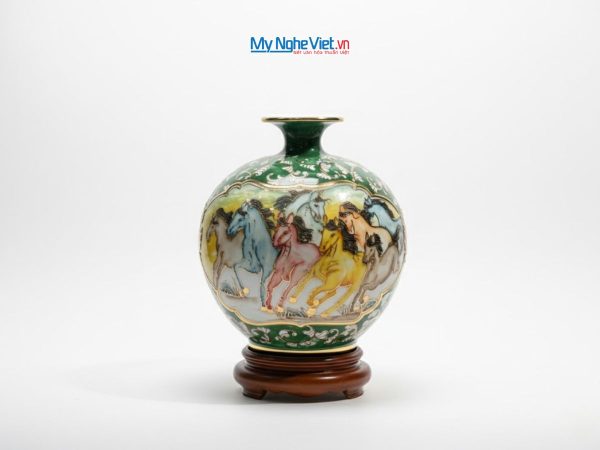 Bình thu tài hút lộc gốm Bát Tràng vẽ mã đáo thành công đắp nổi