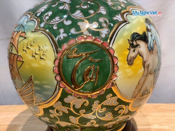 Bình thu tài hút lộc gốm Bát Tràng vẽ mã đáo thành công đắp nổi