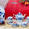 Combo bộ bình trà và lọ hoa gốm vẽ sen xanh đắp nổi vàng kim
