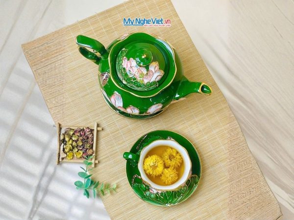 Bộ Bình Trà Queen Xanh Ngọc Vẽ Vàng Kim Họa Tiết Hoa Đắp Nổi Hoa Sen