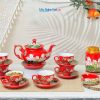 Bộ Bình Trà Queen Màu Đỏ Vẽ Vàng Kim Họa Tiết Hoa Đắp Nổi Hoa Sen