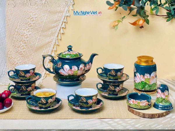 Bộ Bình Trà Queen Ngọc Lục Liên Hồng Vẽ Vàng Kim Đắp Nổi Hoa Sen
