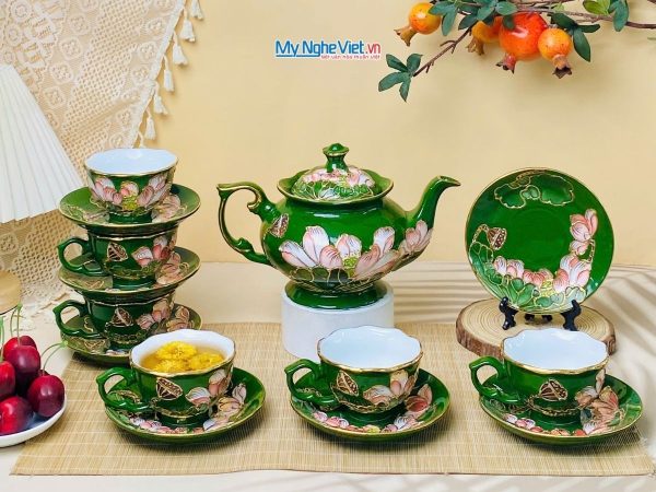 Bộ Bình Trà Queen Xanh Ngọc Vẽ Vàng Kim Họa Tiết Hoa Đắp Nổi Hoa Sen