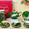 Bộ Bình Trà Queen Xanh Ngọc Vẽ Vàng Kim Họa Tiết Hoa Đắp Nổi Hoa Sen