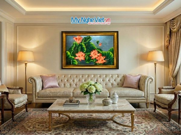 Tranh sơn mài hoa sen độc bản đắp nổi TSMDH8111 - Quà tặng cao cấp