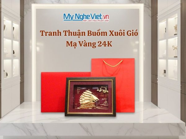Tranh đồng thuận buồm mạ vàng 24k nền đỏ MNVHD04.6 - Quà biếu cao cấp